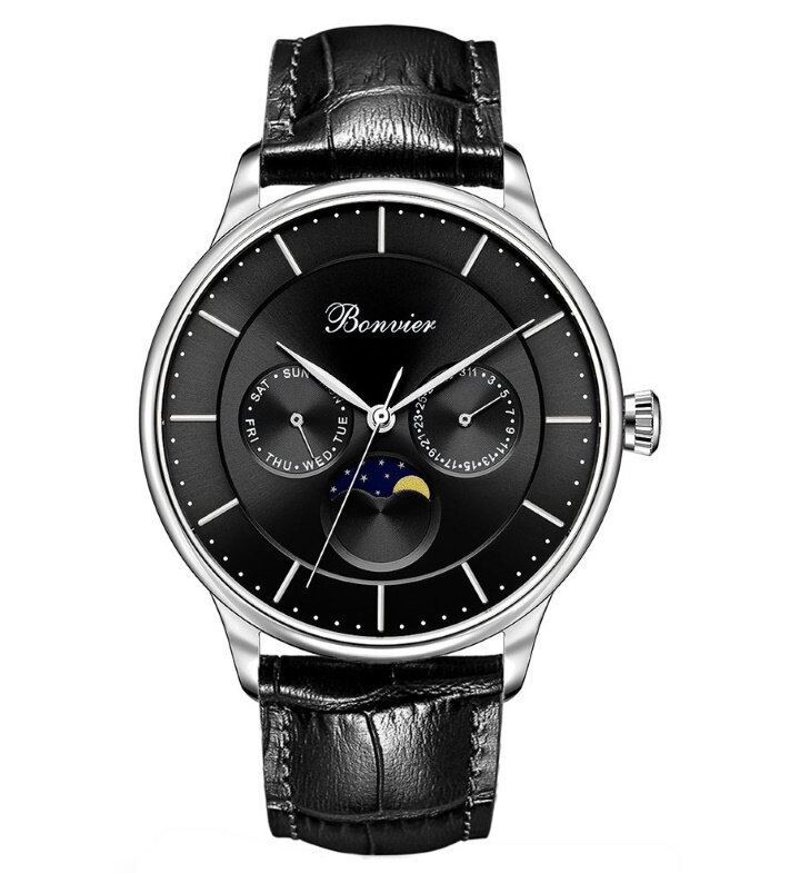 Bonvier Roma Black Silver 40 mm Maanfase Horlogewatch.nl