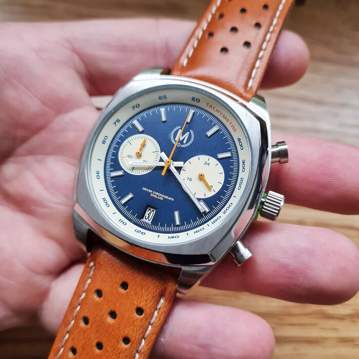 Marchand Driver Chronograph Blue Reverse Panda Tan Strap Horlogewatch