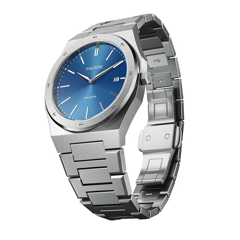 Valuchi Date Master Silver Blue 36 mm Horlogewatch