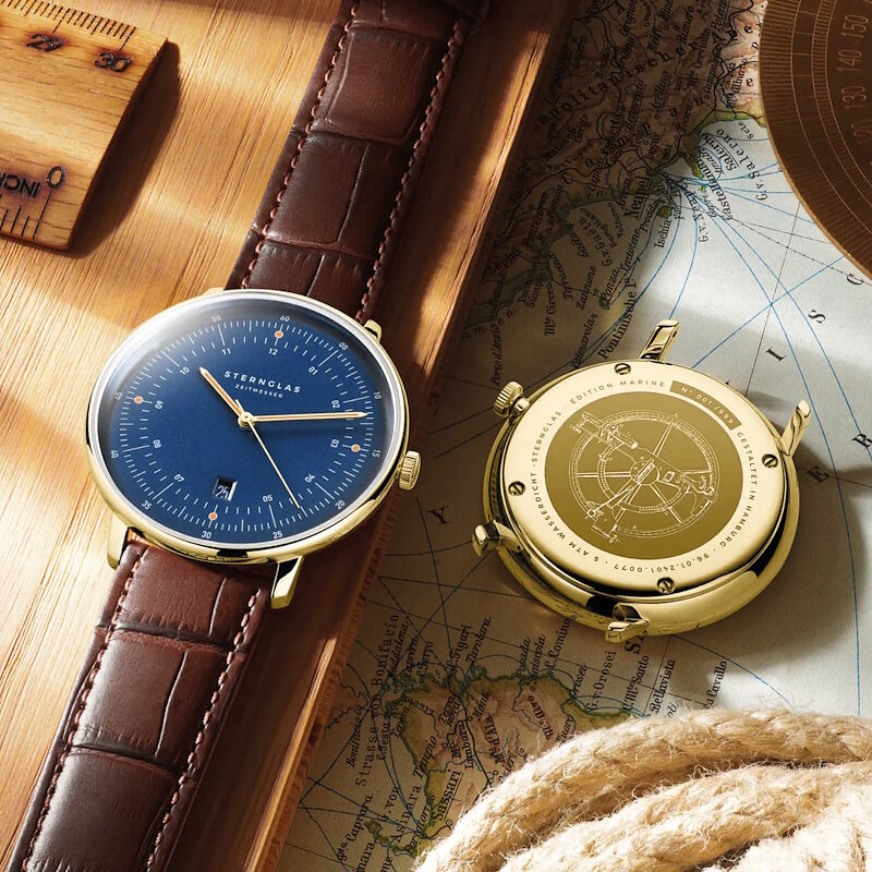 Sternglas Hamburg Marine Dark Blue Gold Leather Limited Edition S01-HHM07-HE01 Horlogewatch