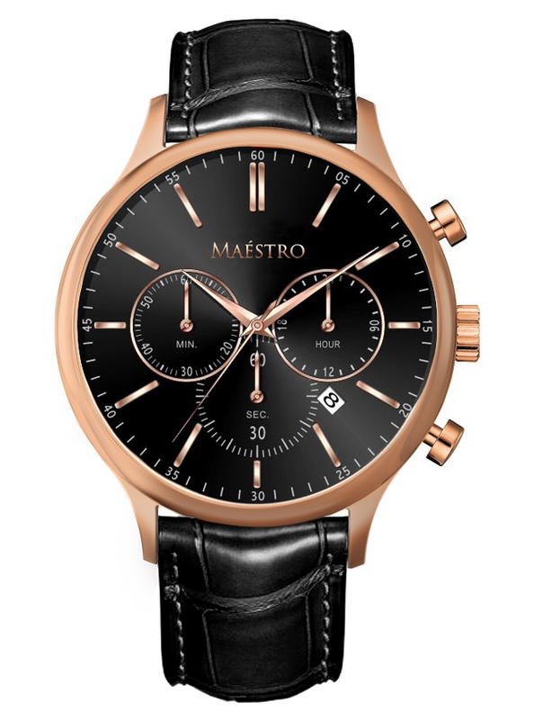 Maestro Watch Black &amp; Rose Gold The Executive Chrono EXC-RG-BLF Holrogewatch.nl