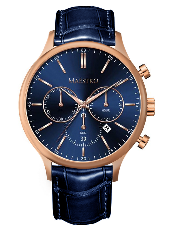 Maestro Watch Blue &amp; Rose Gold The Executive Chrono EXC-RG-BF Holrogewatch.nl