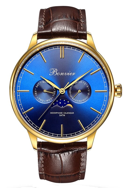 Bonvier Cavour Blue Gold Maanfase Horloge BW031 Horlogewatch.nl