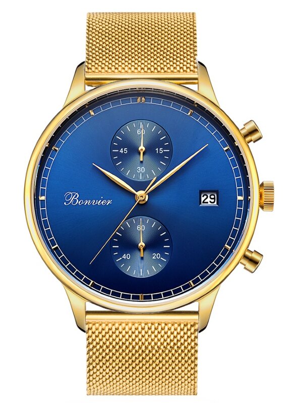 Bonvier Lugano Mesh Blue/G 42 mm Chronograaf Horlogewatch.nl