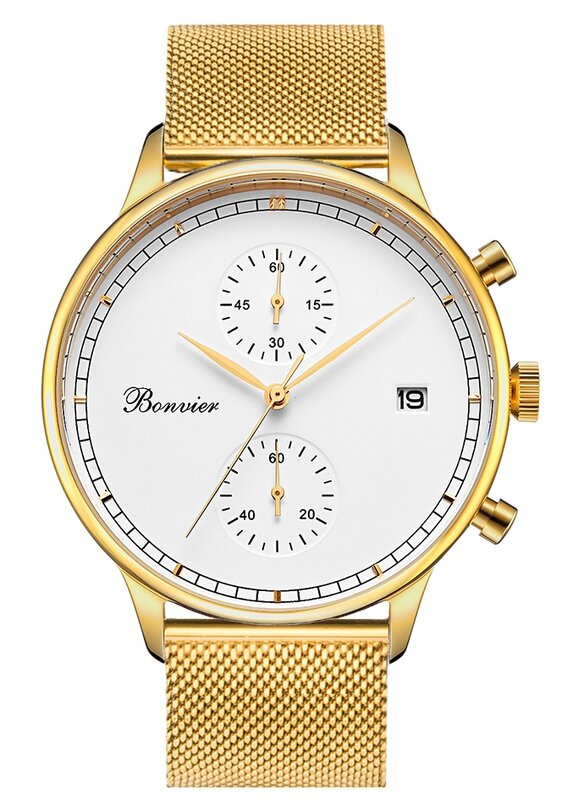 Bonvier Lugano White Gold Chronograaf gold mesh watch horlogewatch.nl