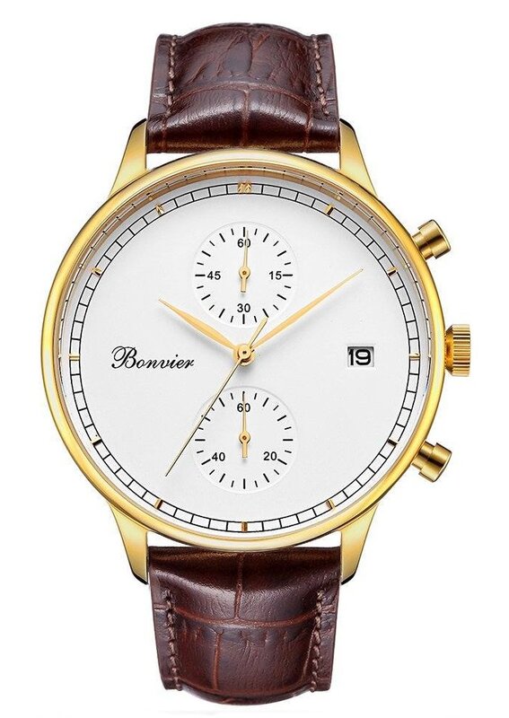 Bonvier Lugano White Gold Chronograaf leer horlogewatch.nl