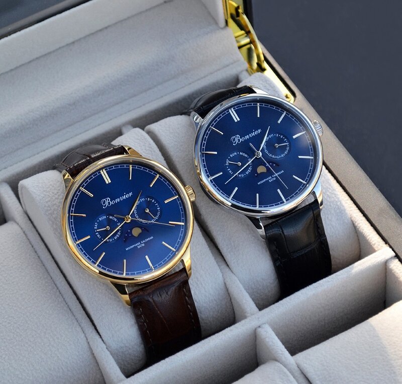 Bonvier Cavour Blue Gold Maanfase Horloge BW031 Horlogewatch.nl