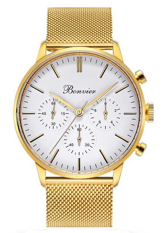 Bonvier Monza White Gold Mesh Chronograaf Horlogewatch.nl